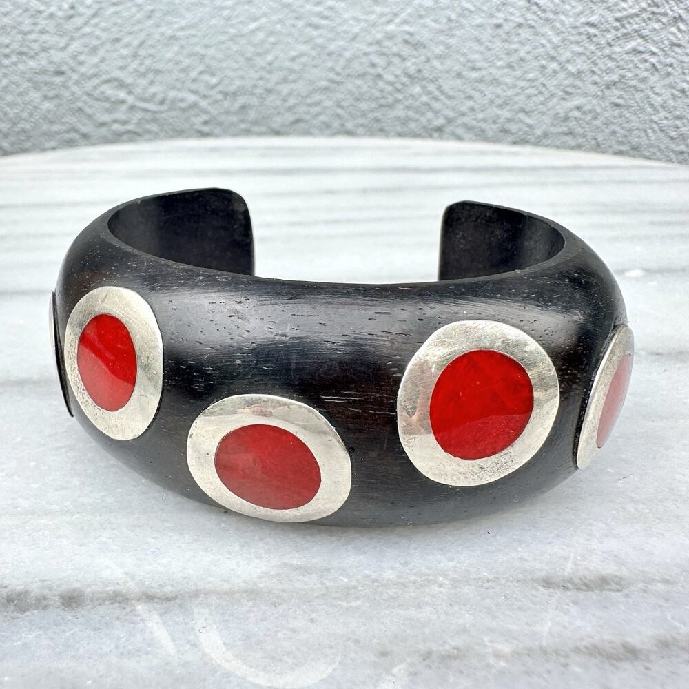 Vintage Black Red Polka Dot Cuff Bracelet Resin Sterling Silver Mod Retro Pop